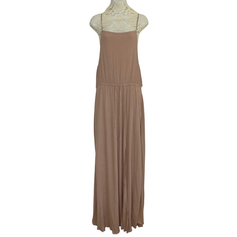 Bluivy Maxi Dress Women Large Tan Boho Textured Rayon Drawstring‎ Waist